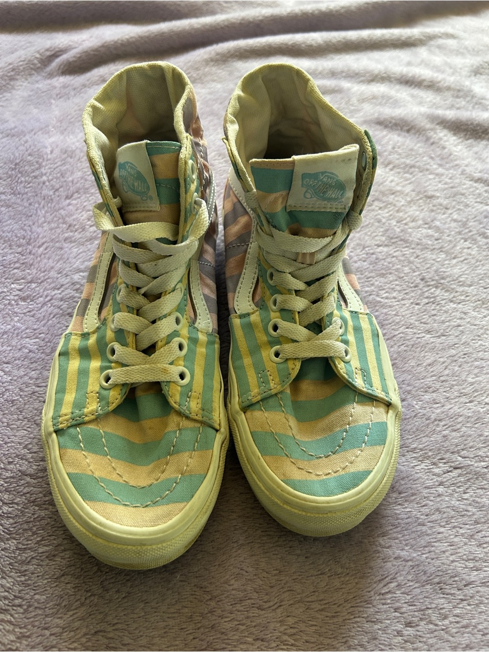 Vans High-Top Sneakers in Yellow and Mint Green Striped Canvas